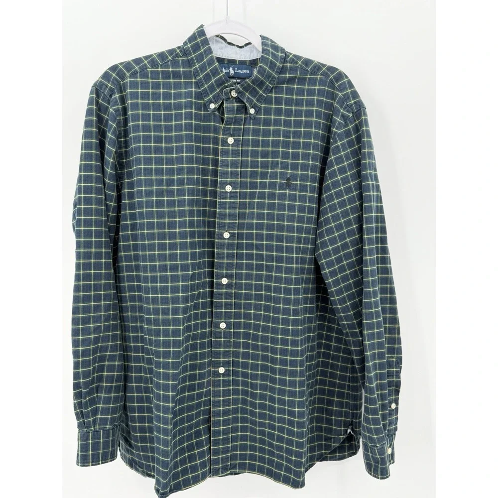 Polo Ralph Lauren Custom Fit Button Down Shirt‎ Mens XL Blue Yellow Long Sleeve